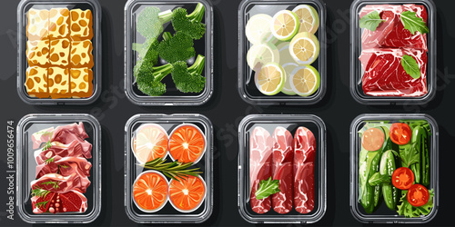 A collection of food items in clear containers, including meat, vegetables, and fruit. Concept of abundance and variety, with a focus on healthy and nutritious options