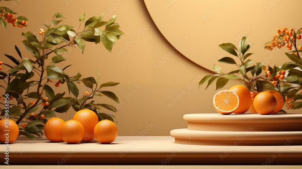 Empty podium and orange fruits on beige background. Empty podium and orange fruits on beige background.