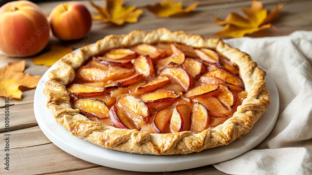 Pears galette placed on a simple wooden table, with only a neutral-colored linen cloth and a few golden autumn leaves in the background Pears galette placed on a simple wooden table, with only a neutral-colored linen cloth and a few golden autumn leaves in the background