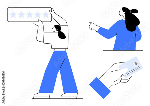 Person raising a star rating, pointing in a direction, and holding a credit card. Ideal for customer feedback, online reviews, financial services, ecommerce, digital transactions. Simple, clean style