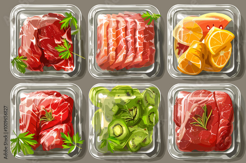 A collection of food items in clear containers, including meat, vegetables, and fruit. Concept of abundance and variety, with each container holding a different type of food