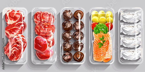 A collection of food items in clear plastic containers, including meat, vegetables, and fish. The containers are arranged in a row, with some containing more meat than others