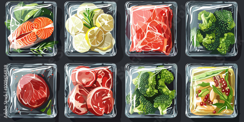 A series of plastic containers with various types of food, including meat, vegetables, and fruit. The containers are arranged in a grid pattern, with each one containing a different type of food