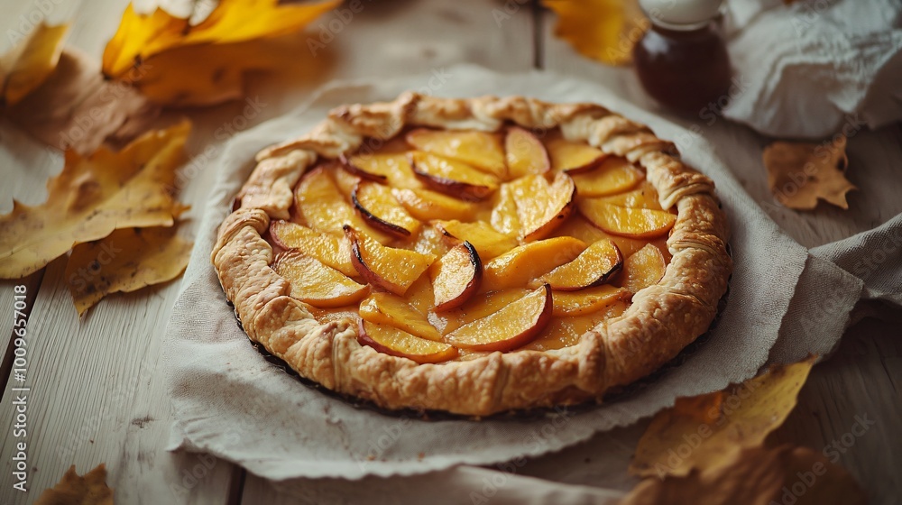 Pears galette placed on a simple wooden table, with only a neutral-colored linen cloth and a few golden autumn leaves in the background Pears galette placed on a simple wooden table, with only a neutral-colored linen cloth and a few golden autumn leaves in the background