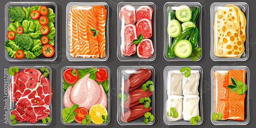 A collection of food items in clear plastic containers, including meat, vegetables, and cheese. Concept of abundance and variety, with a focus on healthy and nutritious options