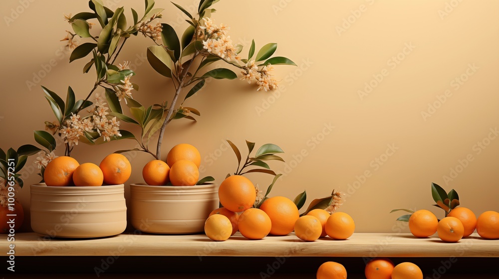 Empty podium and orange fruits on beige background. Empty podium and orange fruits on beige background.