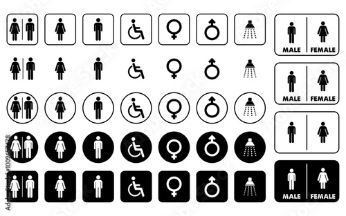 Sanitary icon male female sign symbol shower wheelchair icons pictogram pictograph lavatory bathe handicap man woman signs