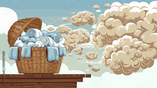 Wicker basket overflowing with towels transforming into fluffy clouds.