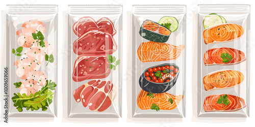 Four different types of food are displayed in plastic containers, including shrimp, meat, and vegetables. The containers are all the same size and shape, and they are all clear. The food looks fresh