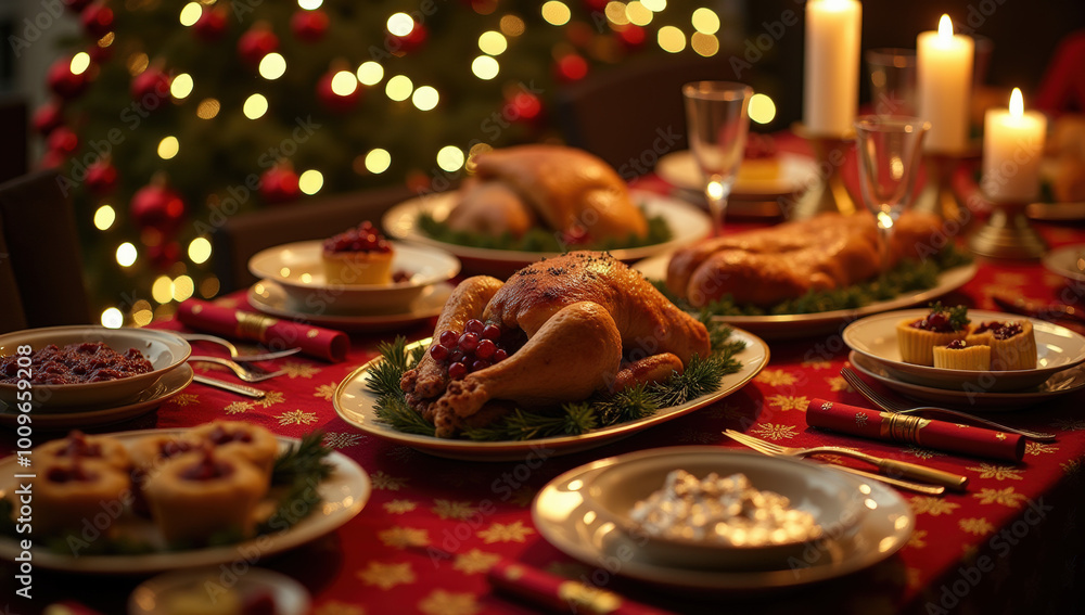 Festive Holiday Dinner Table Setting With Turkey and Decorations at Night Festive Holiday Dinner Table Setting With Turkey and Decorations at Night