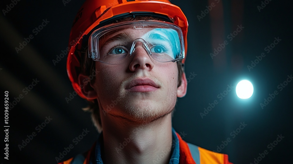 portrait of a confident young construction worker wearing a hard hat and safety gear, standing against a dark industrial background with a strong and professional stance portrait of a confident young construction worker wearing a hard hat and safety gear, standing against a dark industrial background with a strong and professional stance