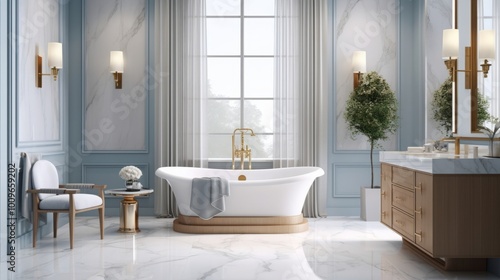 Interior of this luxurious bathroom features beige marble on the walls and floors, a white bathtub with a blue plate coating, double basins, wooden furniture, and a window. 3D Rendering