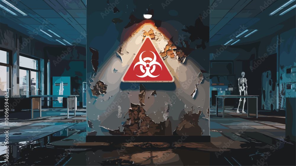 Biohazard warning sign illuminated by flickering light in abandoned lab.