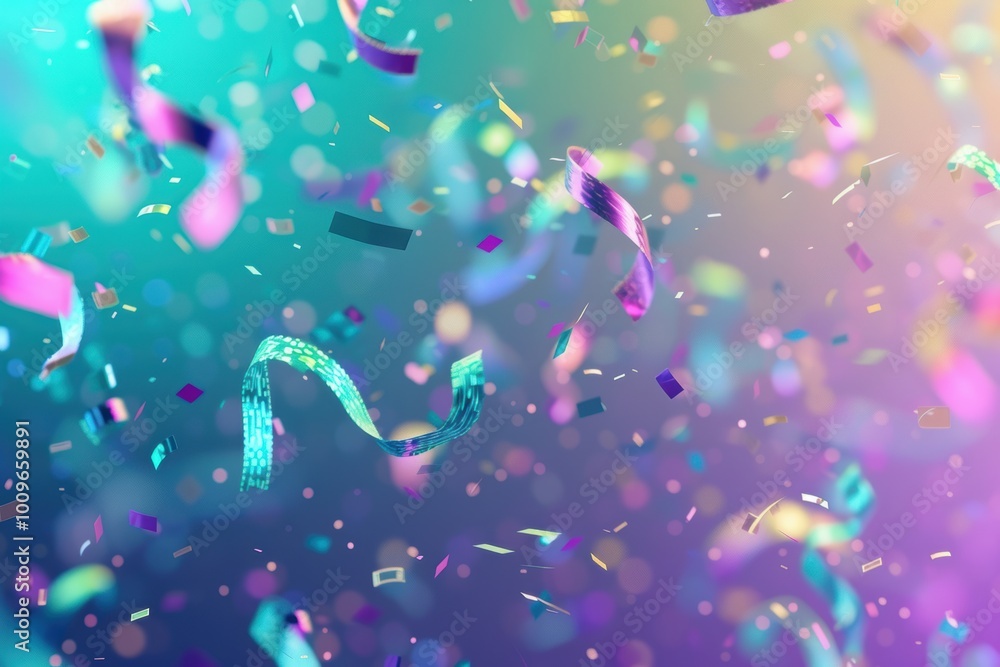 Futuristic Abstract Birthday Scene with 3D Holographic Confetti over Gradient Neon Background Futuristic Abstract Birthday Scene with 3D Holographic Confetti over Gradient Neon Background