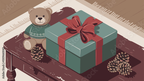 Beautifully wrapped gift box with teddy bear and pine cones on rustic table.