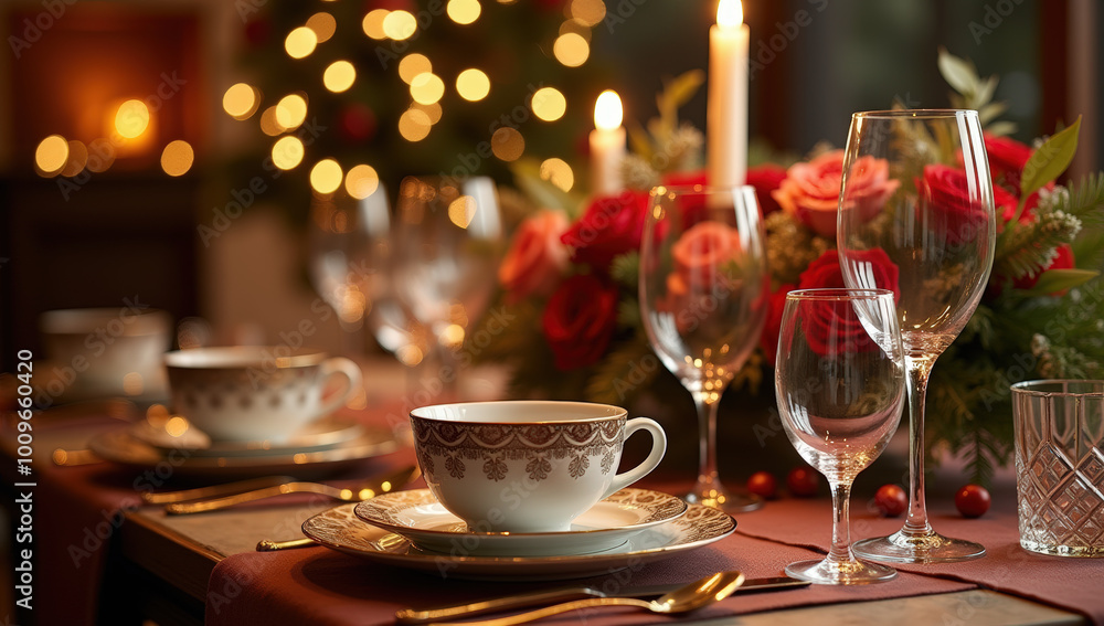 Elegant Holiday Dinner Table Set With Fine China and Candles in Cozy Lights Elegant Holiday Dinner Table Set With Fine China and Candles in Cozy Lights