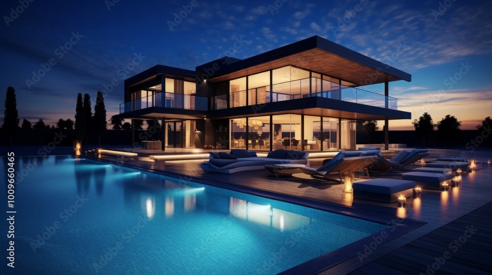 Fototapeta premium Luxurious and modern house with swimming pool at night