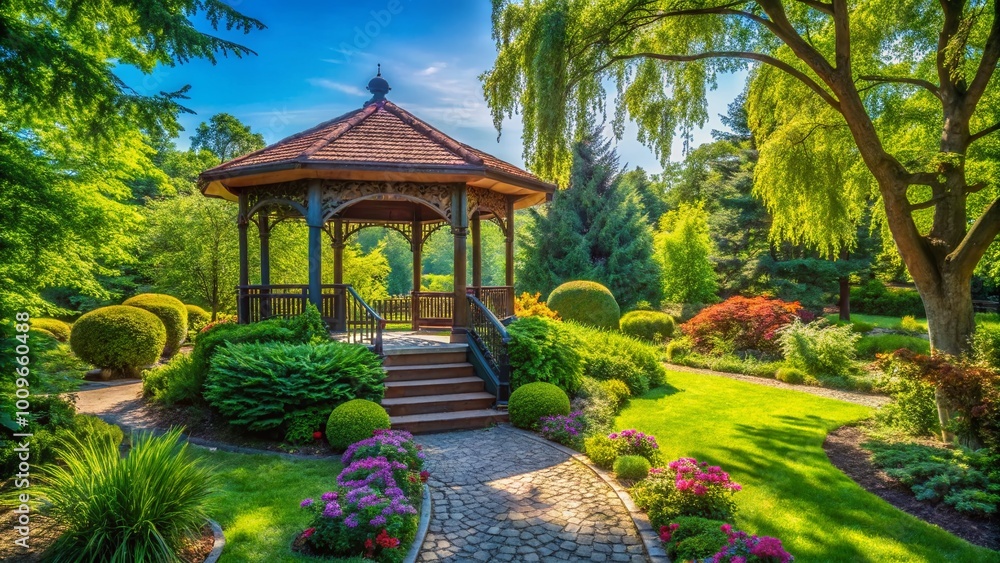 Obraz premium Charming gazebo surrounded by lush greenery in a tranquil garden setting on a sunny day