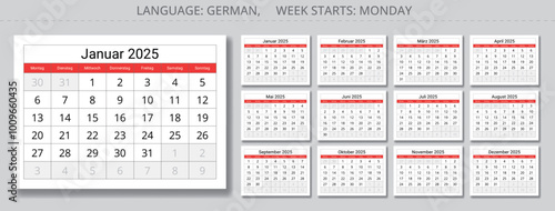 2025 german calendar collection - Kalender. Vector illustration set of monthly paper page Germany.