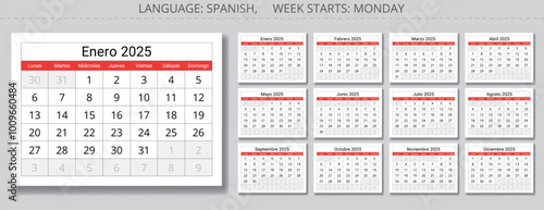 2025 Spanish calendar. A collection of paper page vector illustrations for each month in year. Spain