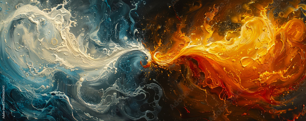 Dynamic Collision of Fire and Water on Black Background Showcasing Opposite Energy Forces in Abstract Art Concept of Balance and Energy Duality Dynamic Collision of Fire and Water on Black Background Showcasing Opposite Energy Forces in Abstract Art Concept of Balance and Energy Duality
