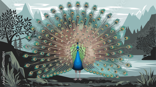 Majestic peacock with iridescent tail feathers reminiscent of golden tapestry.