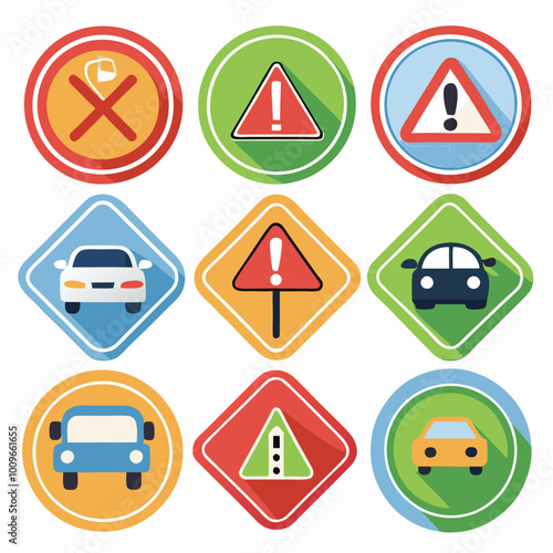 raffic Signs Vector Set in Flat Design, Road Safety, Driving Lesson Materials, Isolated on White