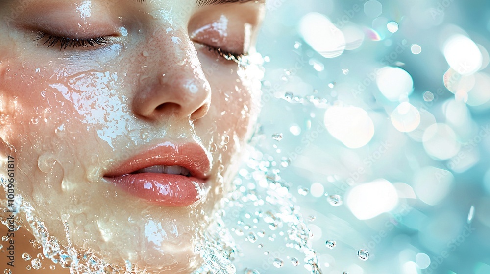   A close-up of a woman's face with water bubbles emerging from her eyes as she closes them