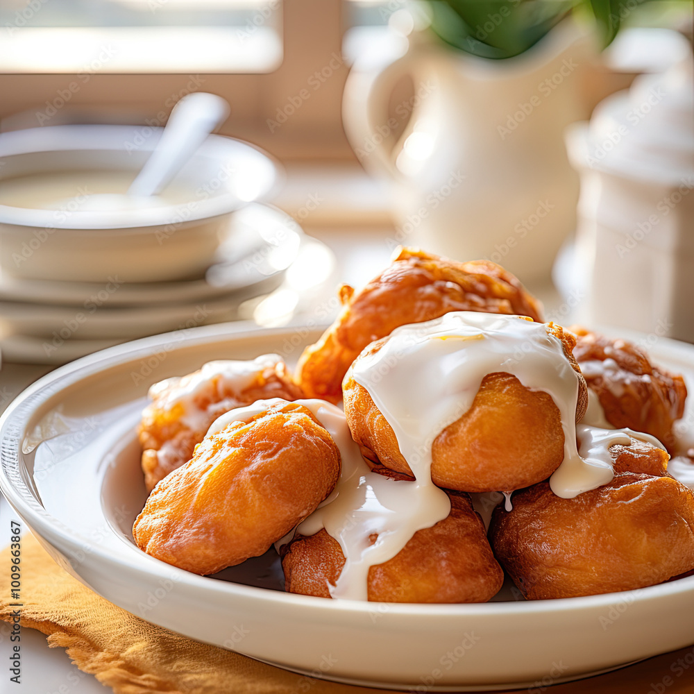 Pumpkin fritters on white plate with bourbon cream cheese glaze, close up, space for text Pumpkin fritters on white plate with bourbon cream cheese glaze, close up, space for text
