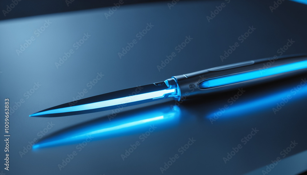 custom made wallpaper toronto digitalClose-up of a sleek, advanced surgical scalpel with glowing edges, placed on a metallic surface in a futuristic operating room, illuminated by soft blue light.