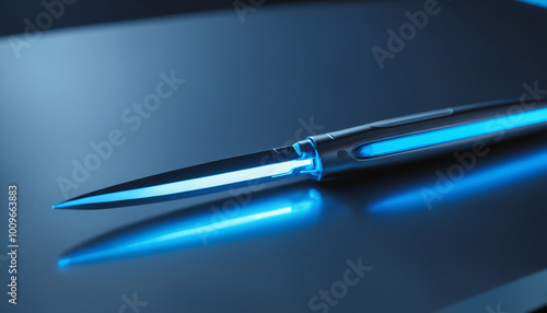 Wallpaper Mural Close-up of a sleek, advanced surgical scalpel with glowing edges, placed on a metallic surface in a futuristic operating room, illuminated by soft blue light. Torontodigital.ca