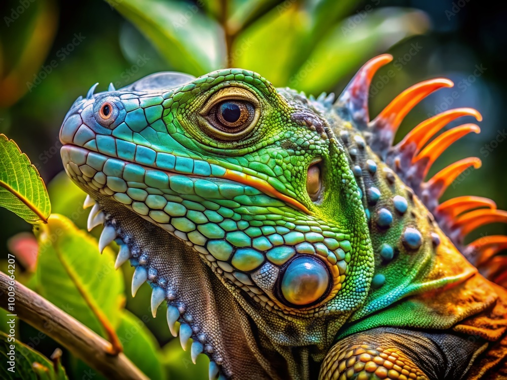 Fototapeta premium Close-Up Iguana Photoshoot Capturing Vibrant Colors and Unique Textures in Natural Environment