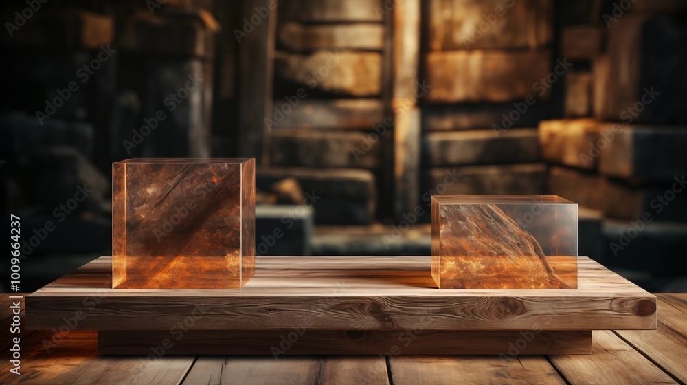 Empty wooden podium for display or product showcase with blurry background. Empty wooden podium for display or product showcase with blurry background.