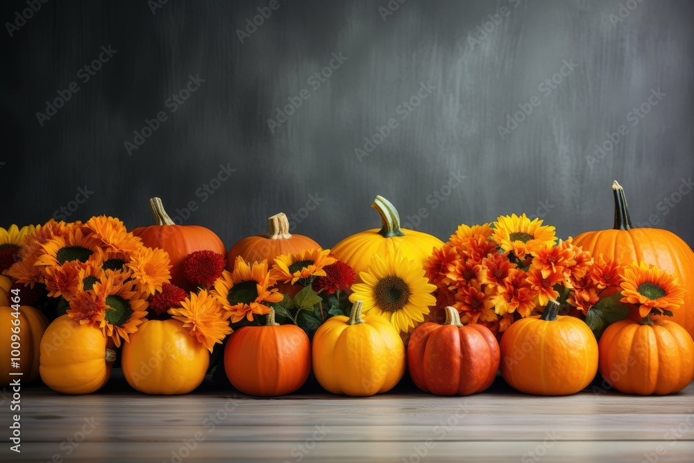Colorful pumpkins against gray wall, close up, space for text Colorful pumpkins against gray wall, close up, space for text