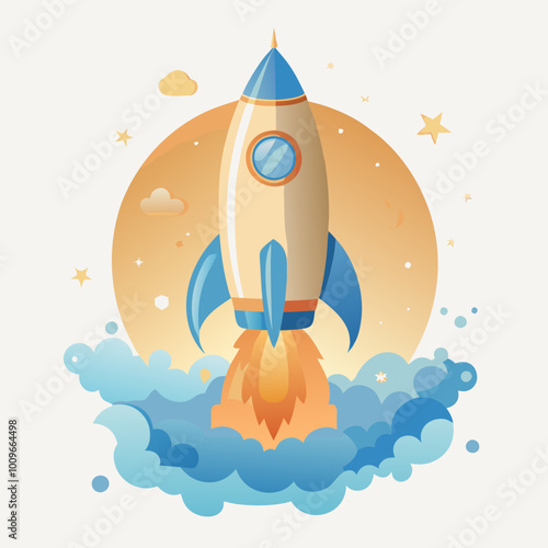 Rocket launching illustration surrounded by colorful clouds and stars