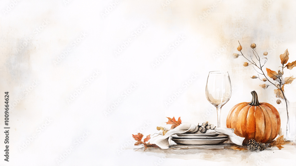 Fototapeta premium Artistic autumn table arrangement featuring a pumpkin, wine glass, and decorative leaves on a soft backdrop