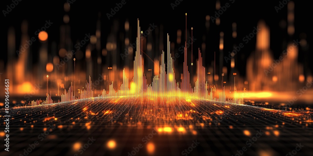 economic stock market visualization with a neon rising graph and glowing trading numbers, enhanced by sound wave motion on a black futuristic background economic stock market visualization with a neon rising graph and glowing trading numbers, enhanced by sound wave motion on a black futuristic background