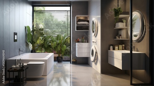 modern bathroom room with toilet and washing machine