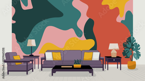 Spacious living room with modern art mural featuring fluid shapes and bold colors.