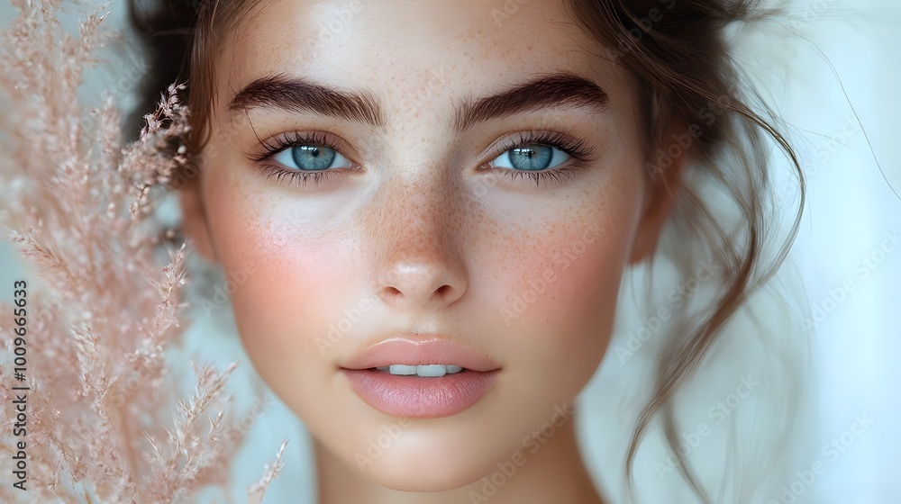 A woman with captivating blue eyes and a dusting of freckles beams with joy in the image. A woman with captivating blue eyes and a dusting of freckles beams with joy in the image.