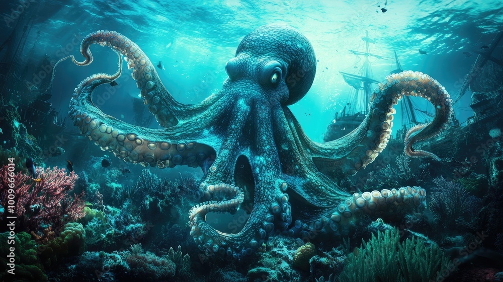 A Giant Octopus Encircles a Sunken Ship on the Ocean Floor A Giant Octopus Encircles a Sunken Ship on the Ocean Floor