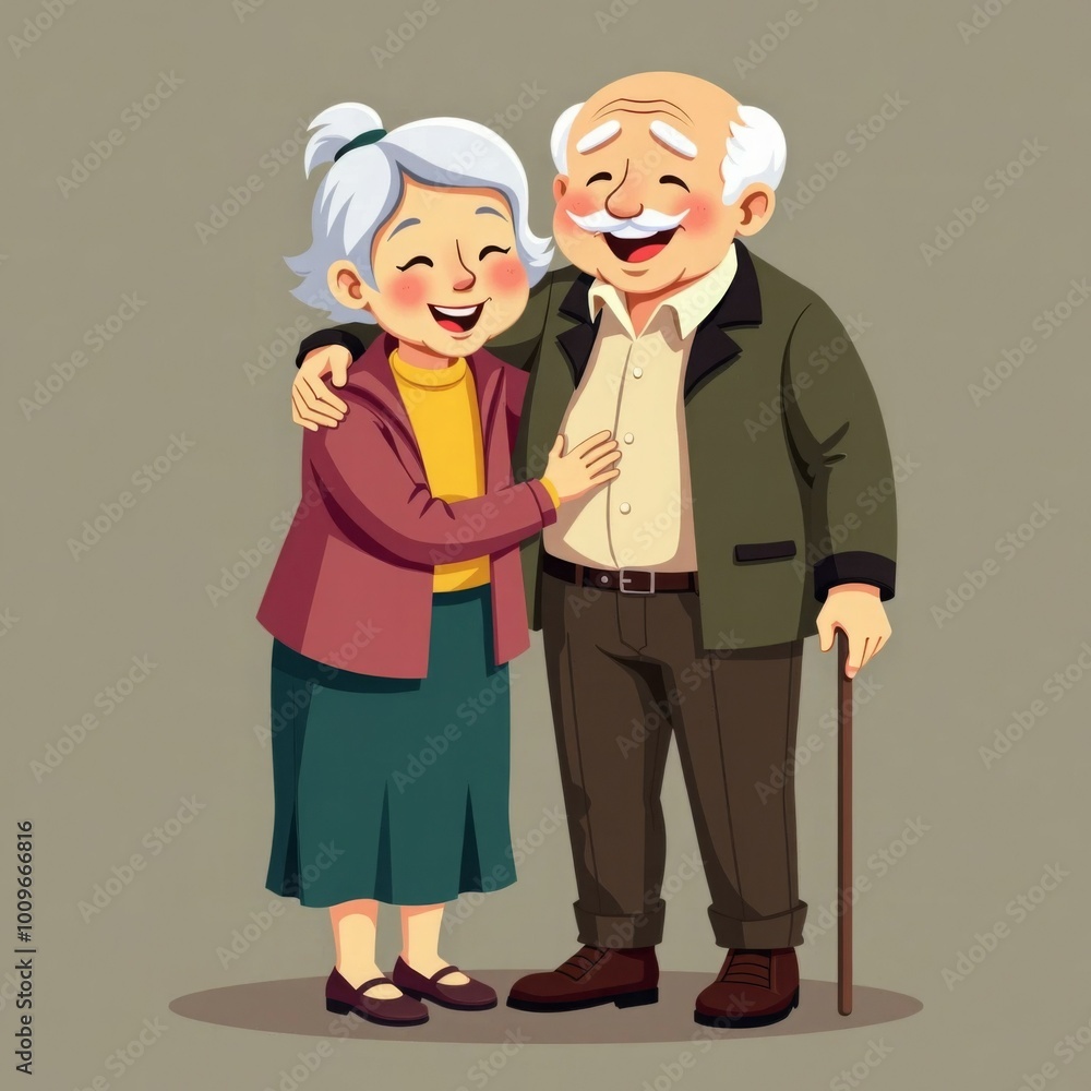 old people's day. A cartoon of a old man and woman hugging each other