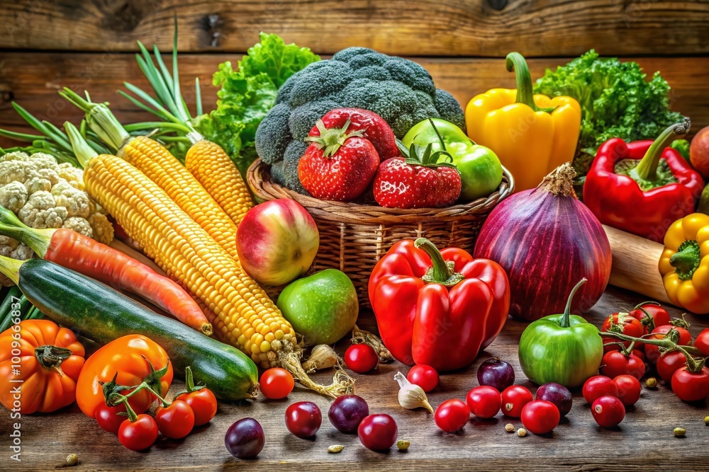 Close-up of a vibrant assortment of fresh fruits and vegetables on a rustic wooden table background Close-up of a vibrant assortment of fresh fruits and vegetables on a rustic wooden table background