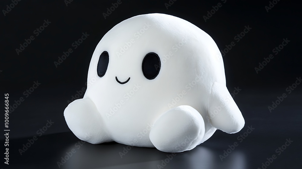 A white plush ghost doll with wide, cute eyes and a little smile. Its round, pillow-like body gives it a soft, cuddly look, perfect for Halloween decor. A white plush ghost doll with wide, cute eyes and a little smile. Its round, pillow-like body gives it a soft, cuddly look, perfect for Halloween decor.