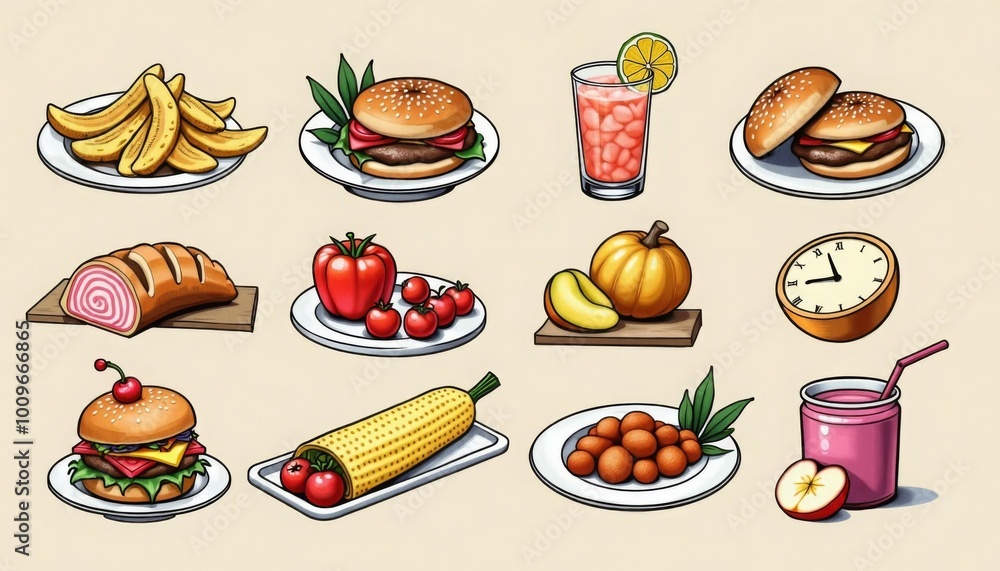 A cartoon drawing of various fruits, vegetables, burger and drinks A cartoon drawing of various fruits, vegetables, burger and drinks
