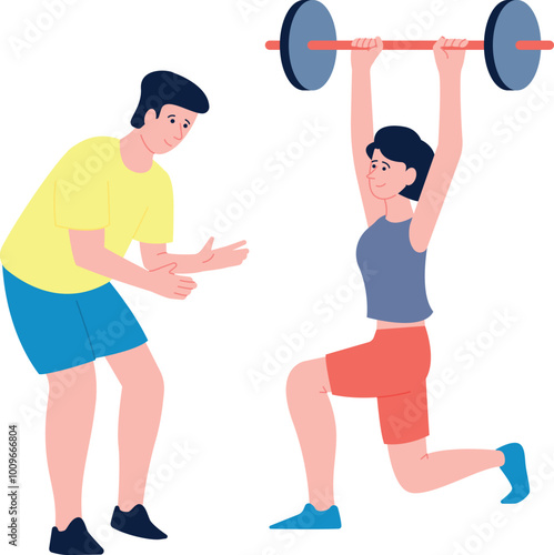 Training woman lifting barbell. Fitness instructor help in gym