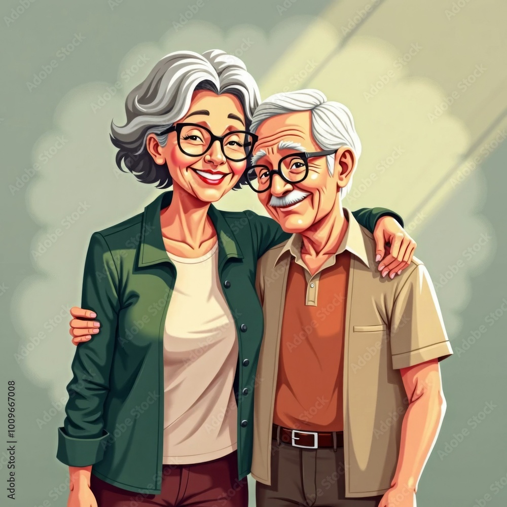 old people's day. A cartoon of a old man and woman hugging each other old people's day. A cartoon of a old man and woman hugging each other