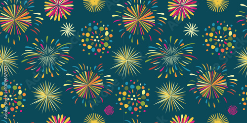 Seamless background with colorful fireworks. Seamless pattern for fabric design, wrapping paper.