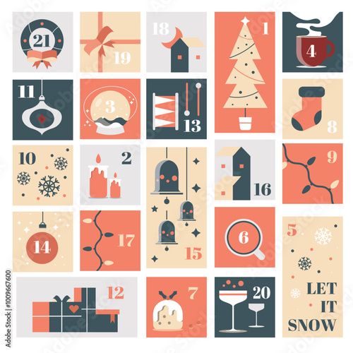 December advent calendar. Christmas poster countdown printable tags. Christmas advent calendar with elements - pine, snowflakes, candles, christmas wreath, garland and ball, socks, gifts.