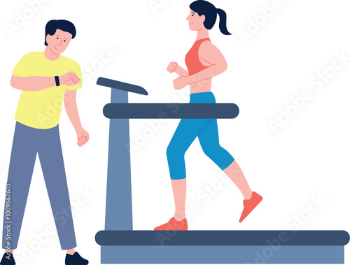 Woman running on treadmill with fitness instructor color icon